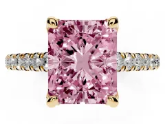 Fancy Pink Radiant Cut Diamond Solitaire Ring Set in Yellow gold with Brilliant Pavé Band and Prong Setting