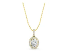 Oval Diamond Halo Pendant Set in Yellow gold with Prong-Set Centerpiece
