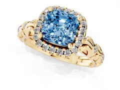 Fancy Blue Cushion Cut Diamond Halo Ring Set in Yellow gold with Filigree Leaf Band and Prong Setting