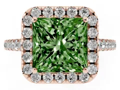 Fancy Green Princess Cut Diamond Halo Pavé Engagement Ring Set in Rose gold with Prong Setting