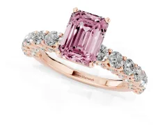 Fancy Pink Emerald Cut Diamond Solitaire Ring Set in Rose gold with Shared Prong Pavé Band
