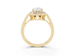 Oval Cut Diamond Halo Ring Set in Yellow gold with Accent-Lined Split Shank and Prong Setting
