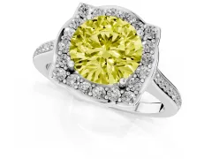 Fancy Yellow Round Cut Diamond Halo Ring Set in Silver with Pavé-Lined Shoulders and Prong Setting