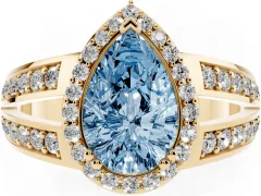 Fancy Blue Pear Cut Diamond Halo Ring Set in Yellow gold with Double Pavé Split Shank