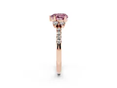 Fancy Pink Heart Cut Diamond Three-Stone Pavé Ring Set in Rose gold with Prong Setting