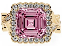 Fancy Pink Asscher Cut Diamond Halo Ring Set in Yellow gold with Leaf Motif Split Shank and Prong Setting