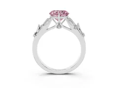 Fancy Pink Heart Cut Diamond Solitaire Ring Set in White gold with Leaf Motif Band