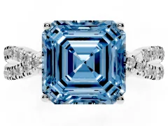 Fancy Blue Asscher Cut Diamond Twist Pavé Solitaire Engagement Ring Set in White gold with Prong Setting