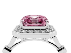 Fancy Pink Asscher Cut Diamond Halo Engagement Ring Set in White gold with Twisted Band and Prong Setting