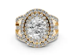 Oval Cut Diamond Double Halo Ring Set in Yellow gold with Round Pavé Split Shank