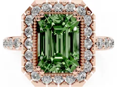 Fancy Green Emerald Cut Diamond Halo Ring Set in Rose gold with Pavé Shank and Prong Setting