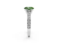Fancy Green Oval Cut Diamond Solitaire Ring Set in Platinum with Milgrain-Edged Pavé Band and Prong Setting