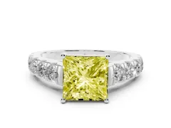 Fancy Yellow Princess Cut Diamond Solitaire Ring Set in White gold with Cut-Down Micro Pavé Band and Prong Setting