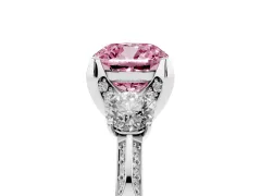 Fancy Pink Cushion Cut Diamond Three-Stone Ring Set in Silver with Pavé Band and Smaller Side Stones