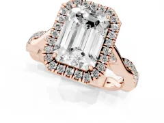 Emerald Cut Diamond Halo Twist Band Solitaire Ring Set in Rose gold with Prong Setting