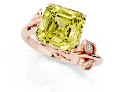 Fancy Yellow Asscher Cut Diamond Solitaire Twist Engagement Ring Set in Rose gold with Pavé Leaf Accents