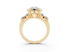 Emerald Cut Diamond Floral Halo Ring Set in Yellow gold with Shared Prong Band