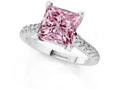 Fancy Pink Princess Cut Diamond Solitaire Ring Set in White gold with Brilliant Pavé Band and Prong Setting