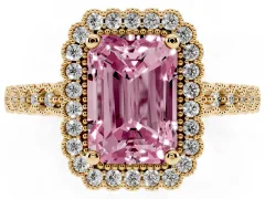 Fancy Pink Radiant Cut Diamond Halo Ring Set in Yellow gold with Pavé Milgrain Band