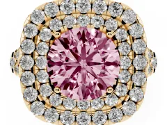 Fancy Pink Round Cut Diamond Double Halo Ring Set in Yellow gold with Pavé Split Shank and Prong Setting