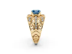 Fancy Blue Asscher Cut Diamond Art Deco Ring Set in Yellow gold with Pavé Split Shank