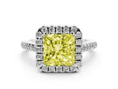 Fancy Yellow Princess Cut Diamond Pavé Halo Engagement Ring Set in Platinum with Pavé Band and Prong Setting