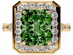 Fancy Green Radiant Cut Diamond Halo Engagement Ring Set in Yellow gold with Twisted Band and Prong Setting