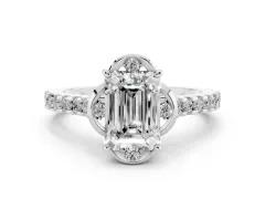 Emerald Cut Diamond Solitaire Ring Set in Silver with Pavé Band and Floral Prong Setting