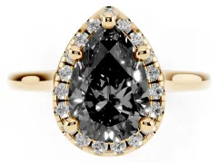 Fancy Black Pear Cut Diamond Halo Engagement Ring Set in Yellow gold with Pavé Band and Rising Shoulders
