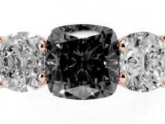 Fancy Black Cushion Cut Diamond Three-Stone Ring Set in Rose gold with Plain Polished Band