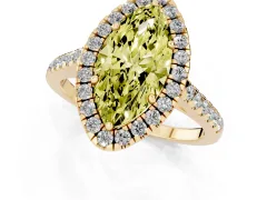Fancy Yellow Marquise Cut Diamond Pavé Halo Engagement Ring Set in Yellow gold with Pavé Band and Prong Setting