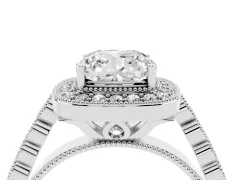 Cushion Cut Diamond Milgrain Halo Solitaire Ring Set in Platinum with Bezel Set Side Stones and Pavé Band