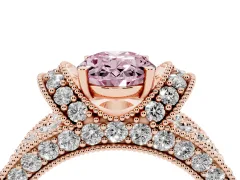 Fancy Pink Oval Cut Diamond Milgrain Halo Pavé Engagement Ring Set in Rose gold with Prong Setting