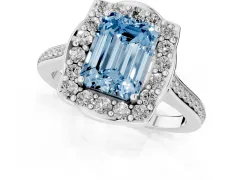 Fancy Blue Emerald Cut Diamond Halo Ring Set in White gold with Pavé-Lined Shoulders and Prong Setting