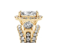 Oval Cut Diamond Halo Split Shank Ring Set in Yellow gold with Round Accent Stones and Prong Setting