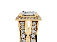 Asscher Cut Diamond Halo Ring Set in Yellow gold with Double Pavé Split Shank