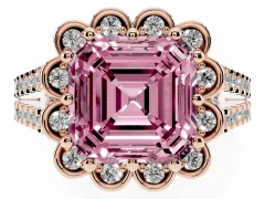 Fancy Pink Asscher Cut Diamond Floral Halo Split Shank Engagement Ring Set in Rose gold with Pavé Shank