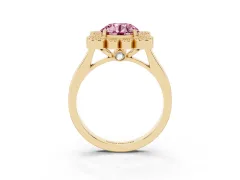 Fancy Pink Round Cut Diamond Cluster Halo Ring Set in Yellow gold with Milgrain Bezel Accents and Plain Band