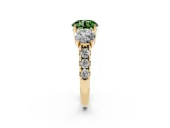 Fancy Green Round Cut Diamond Three-Stone Ring Set in Yellow gold with Pavé Band