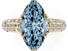 Fancy Blue Marquise Cut Diamond Solitaire Ring Set in Yellow gold with Multi-Row Round Pavé Band and Prong Setting