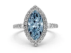 Fancy Blue Marquise Cut Diamond Pavé Halo Ring Set in White gold with Prong Setting
