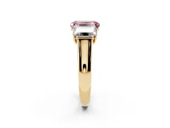 Fancy Pink Emerald Cut Diamond Three-Stone Ring Set in Yellow gold with Plain Polished Band