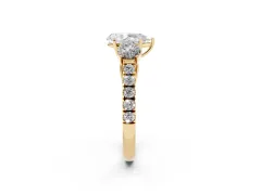 Pear Cut Diamond Three-Stone Ring Set in Yellow gold with Round Side Stones and Delicate Pavé Band