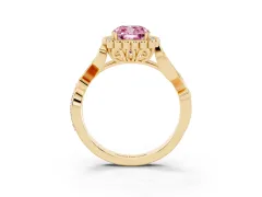 Fancy Pink Cushion Cut Diamond Halo Ring Set in Yellow gold with Leaf Motif Split Shank and Prong Setting