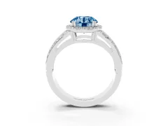 Fancy Blue Round Cut Diamond Halo Ring Set in Silver with Double Pavé Split Shank