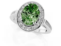 Fancy Green Oval Cut Diamond Halo Ring Set in White gold with Accent-Lined Split Shank and Prong Setting