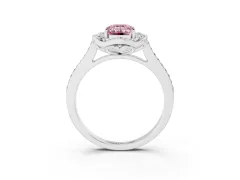 Fancy Pink Emerald Cut Diamond Halo Ring Set in Silver with Pavé-Lined Shoulders and Prong Setting