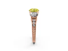 Fancy Yellow Round Cut Diamond Three-Stone Engagement Ring Set in Rose gold with Milgrain Pavé Band
