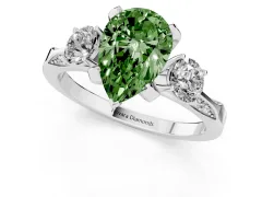 Fancy Green Pear Cut Diamond Three-Stone Ring Set in Silver with Pavé Band and Smaller Side Stones