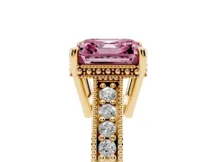Fancy Pink Asscher Cut Diamond Solitaire Pavé Milgrain Engagement Ring Set in Yellow gold with Prong Setting
